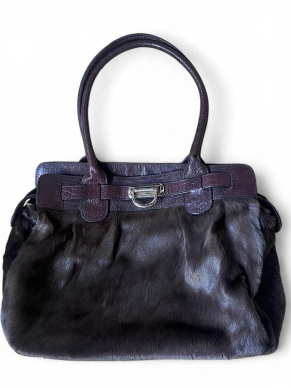Furry brown large shoulder bag with gold hardware and leather trim